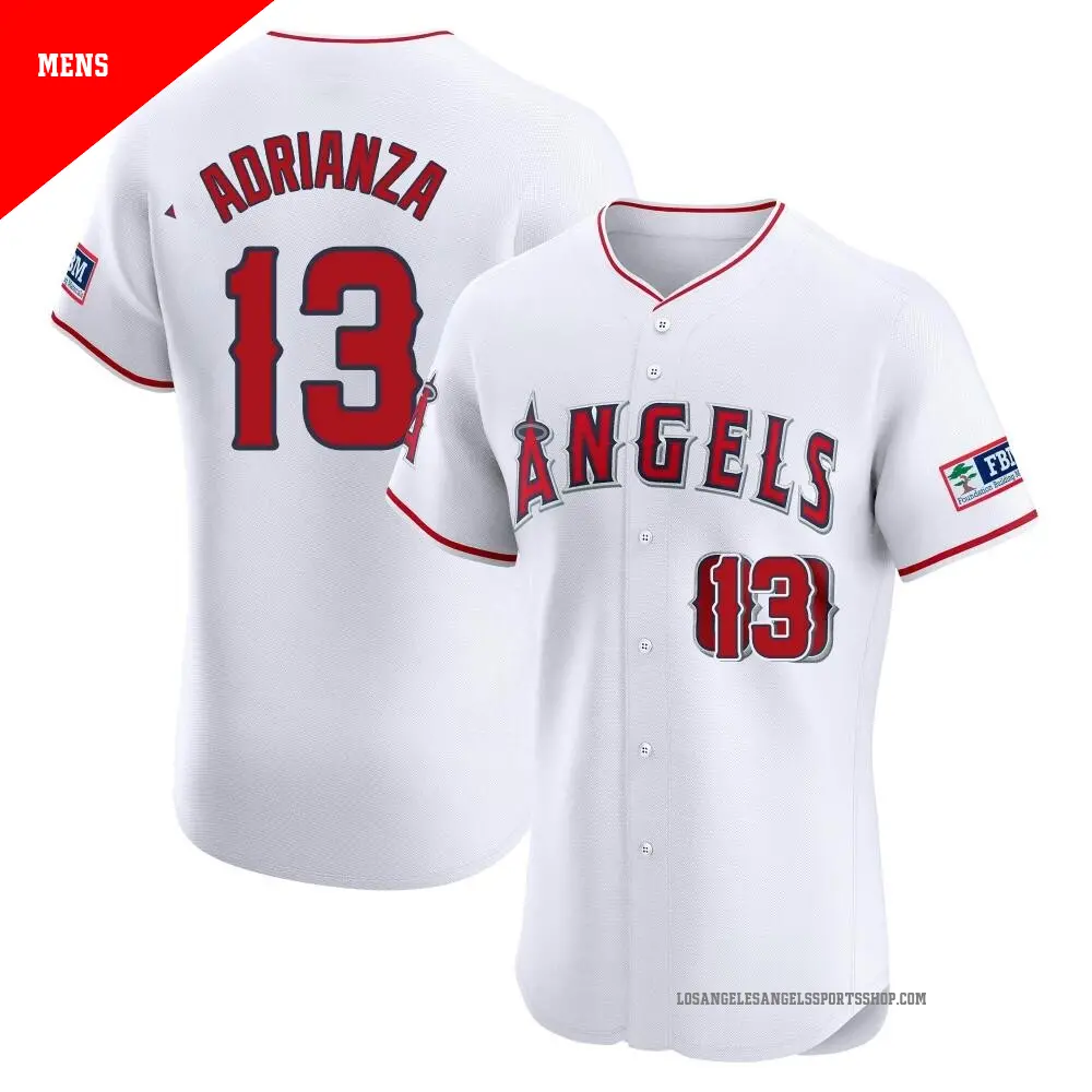 Men's ＃13 Ehire Adrianza Los Angeles Angels White Elite Home Patch Jersey