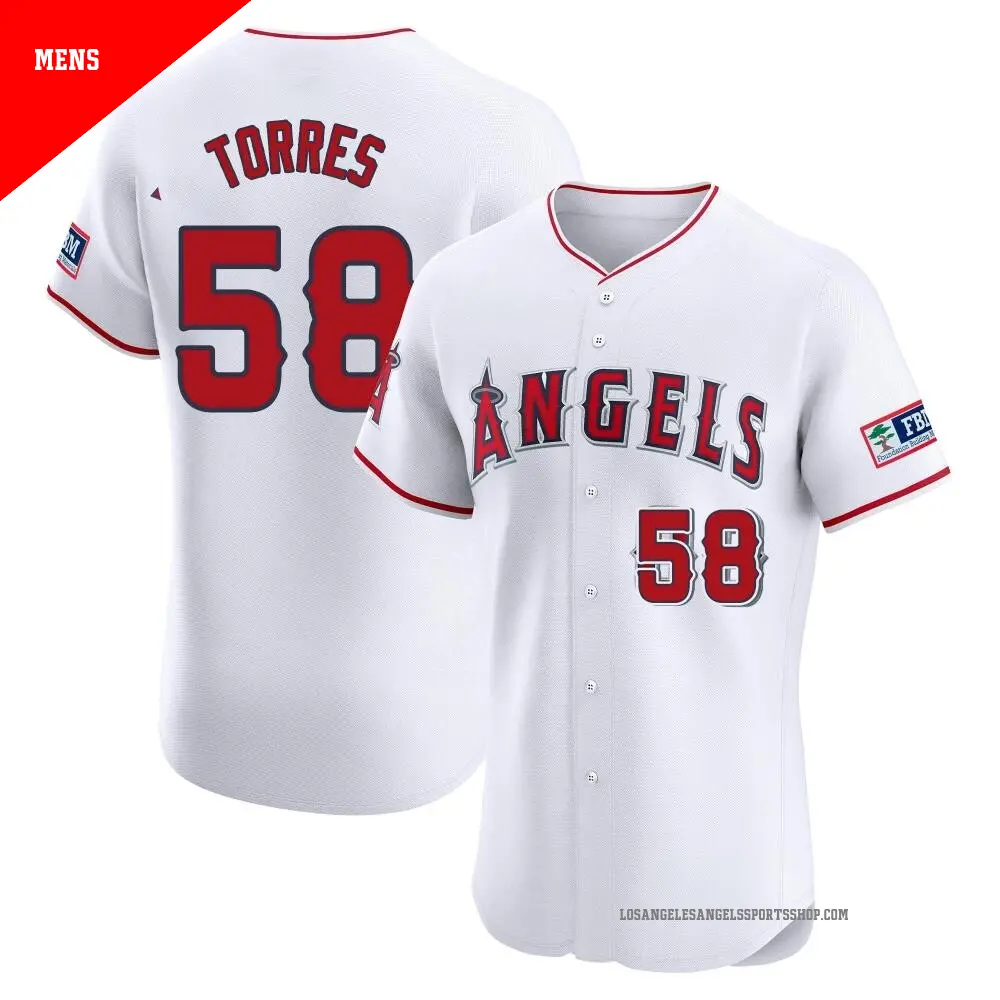 Men's ＃58 Luis Torres Los Angeles Angels White Elite Home Patch Jersey