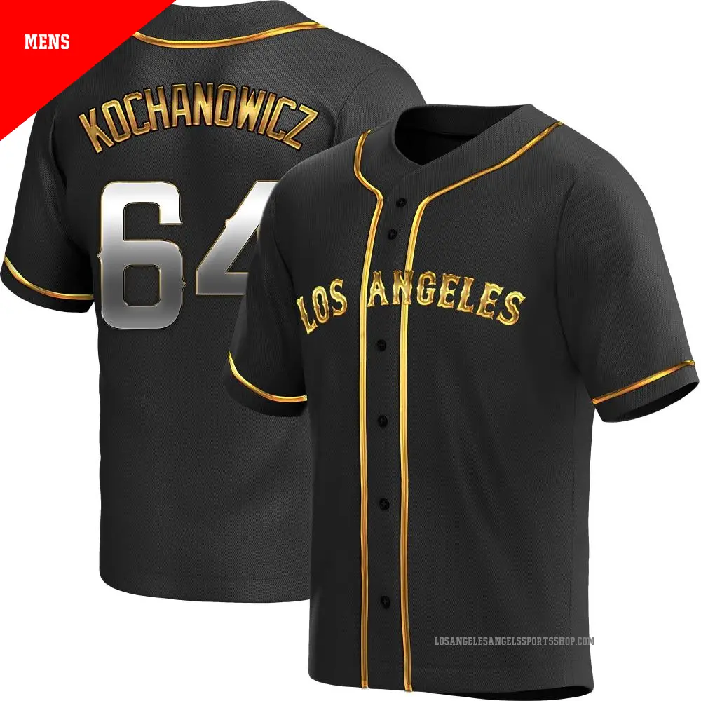 Men's ＃64 Jack Kochanowicz Los Angeles Angels Gold Replica Black en Alternate Jersey