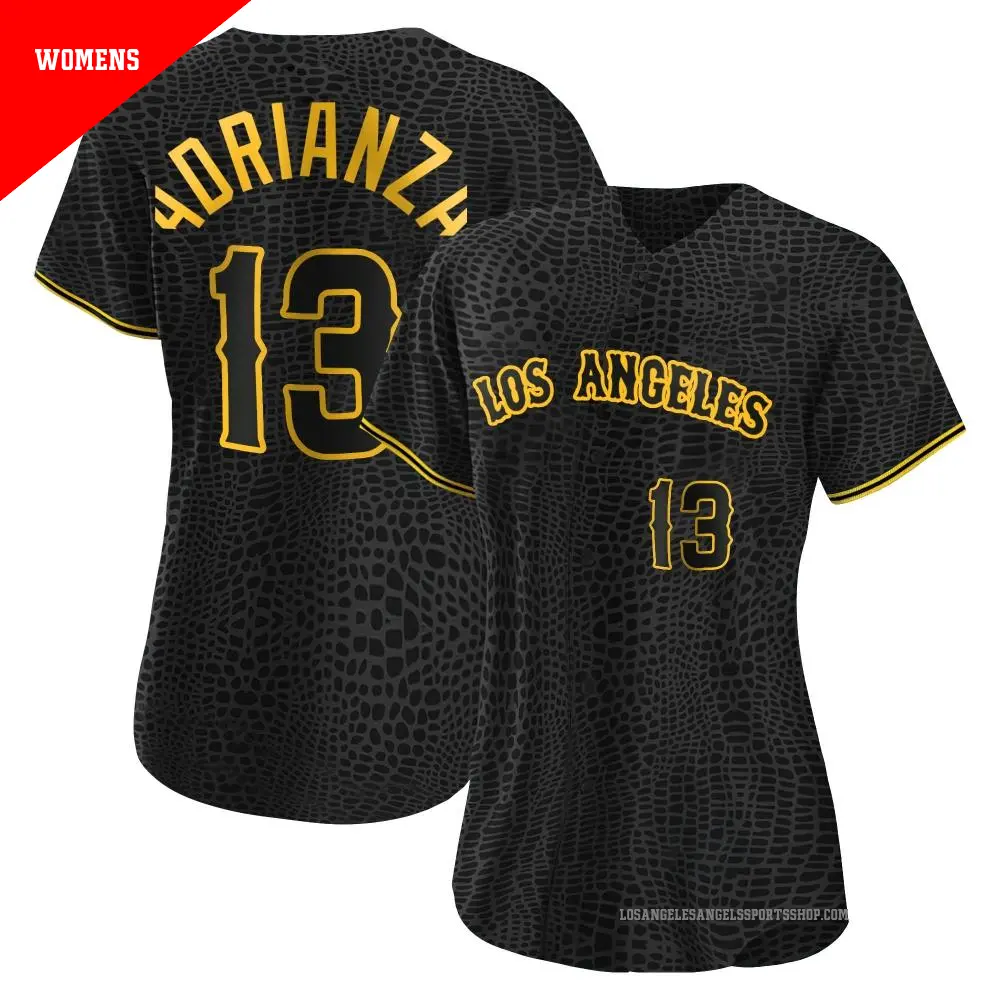 Women's ＃13 Ehire Adrianza Los Angeles Angels Black Authentic Snake Skin City Jersey