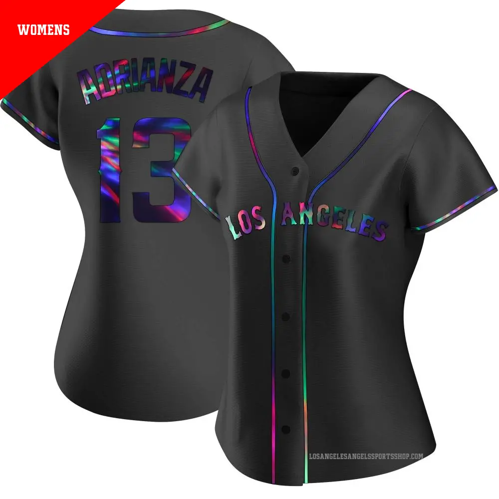 Women's ＃13 Ehire Adrianza Los Angeles Angels Black Replica Holographic Alternate Jersey