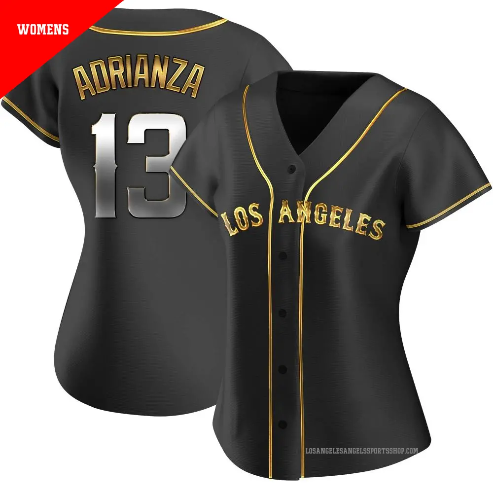 Women's ＃13 Ehire Adrianza Los Angeles Angels Gold Replica Black en Alternate Jersey