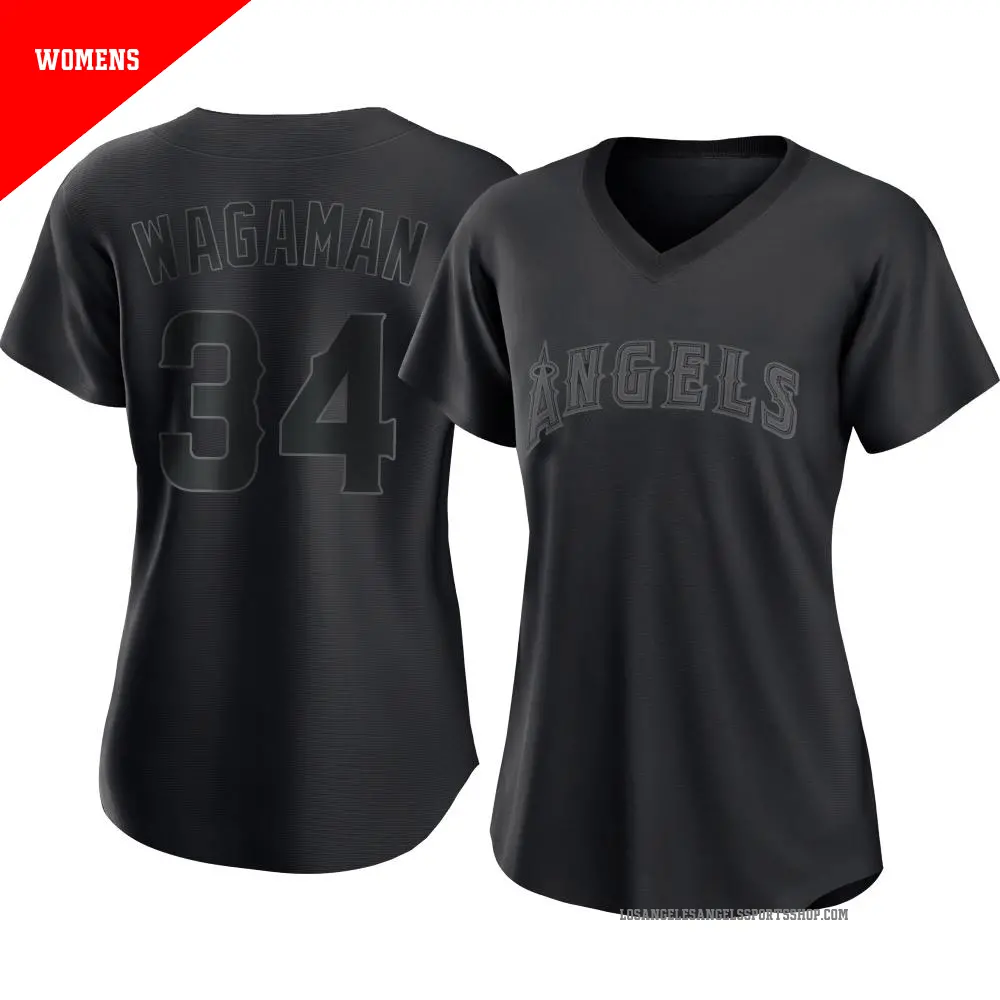 Women's ＃34 Eric Wagaman Los Angeles Angels Black Replica Pitch Fashion Jersey