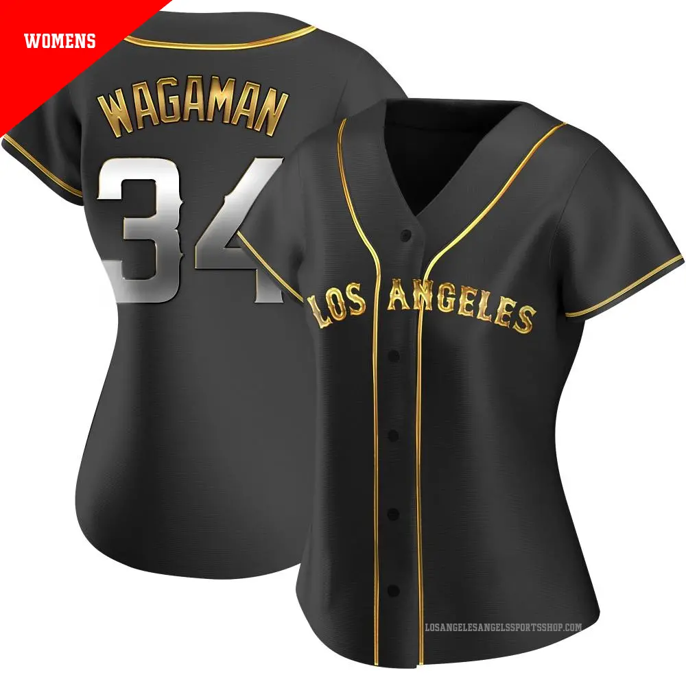 Women's ＃34 Eric Wagaman Los Angeles Angels Gold Replica Black en Alternate Jersey