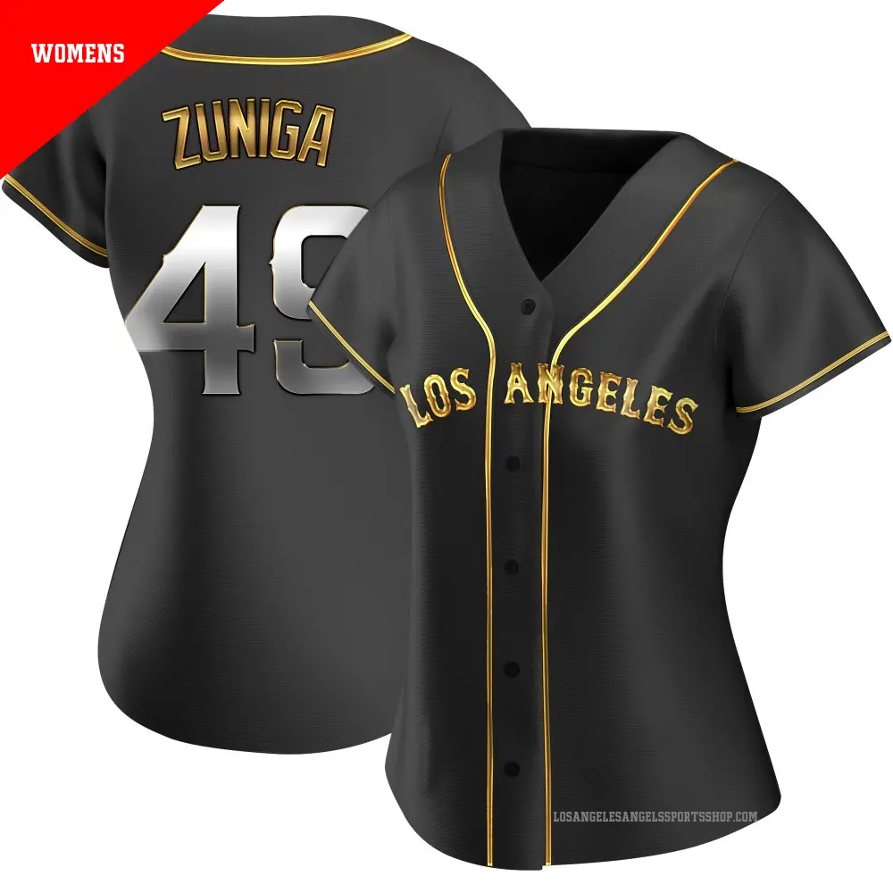 Women's ＃49 Guillo Zuniga Los Angeles Angels Gold Replica Black en Alternate Jersey