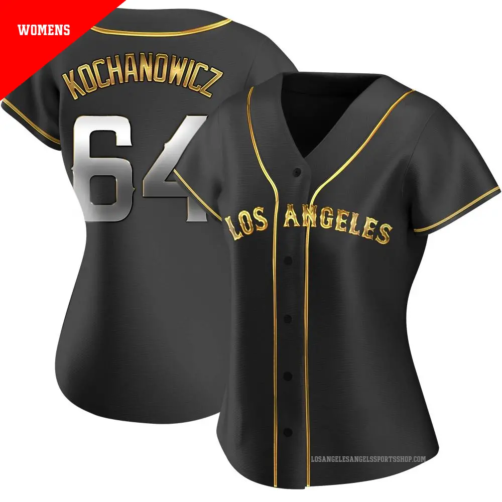 Women's ＃64 Jack Kochanowicz Los Angeles Angels Gold Replica Black en Alternate Jersey